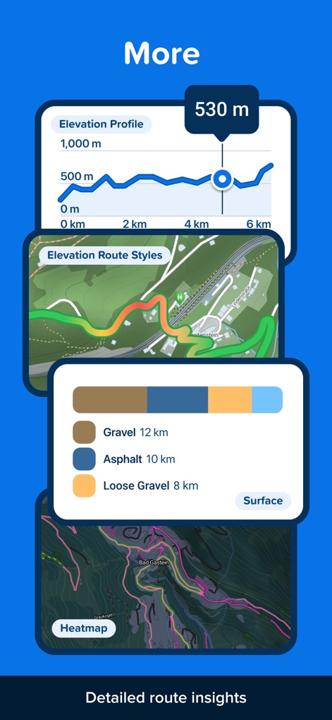 Bikemap: Bicycle Tracker & GPS - Esta seção detalha o perfil de elevação da rota através de um gráfico interativo, e um painel de 'Surface' informa a composição do terreno, como 'Gravel' e 'Asphalt', para um planejamento completo.