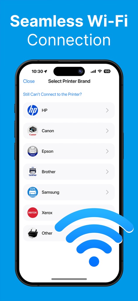 Printer: Smart Print App - La connexion aux imprimantes est simplifiée grâce à une liste claire de marques compatibles, assurant une connectivité Wi-Fi fluide pour une impression sans tracas.