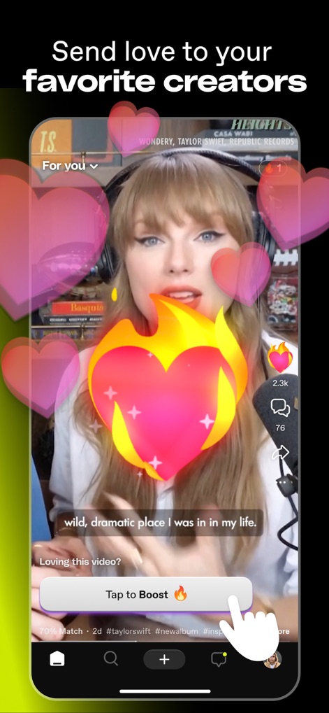 Dailymotion: Social Videos - Users can show strong support by activating the 'Tap to Boost' feature, sending animated heart reactions to their favorite content.