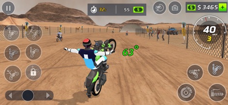 Moto Bike Wheelie Master - This scene highlights the challenging desert environment for extreme wheelie stunts, featuring an advanced rider pose with arms outstretched and real-time angle tracking.