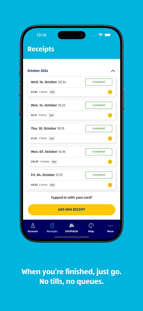 ALDI SHOP&GO - The app provides a comprehensive overview of past purchases, with each entry detailing the date, items, and total cost for easy review.