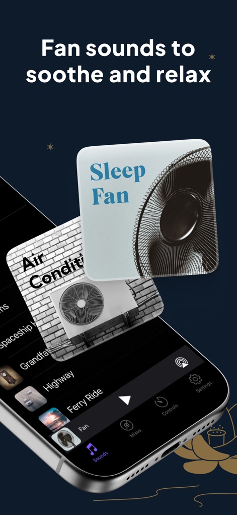 White Noise Deep Sleep Sounds - Esta galería resalta la variedad de sonidos para relajar, enfocándose en opciones como "Sleep Fan" y "Air Conditioner" para proporcionar un ambiente constante y familiar para el descanso.