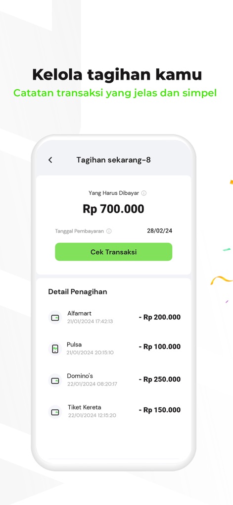 Credinex-Cicilan & Paylater 0% - L'app permette una chiara gestione delle fatture, mostrando l'importo totale "Rp 700.000" dovuto e un dettaglio completo delle transazioni recenti, come gli acquisti presso "Alfamart" e "Domino's", per una contabilità semplice.