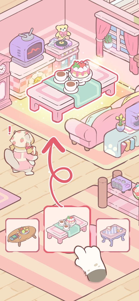 Cats Mansion - Cute Merge Game - Users can effortlessly customize their mansion, selecting from various furniture options like the elegant pink dessert table to enhance the cozy, cat-friendly room aesthetic.
