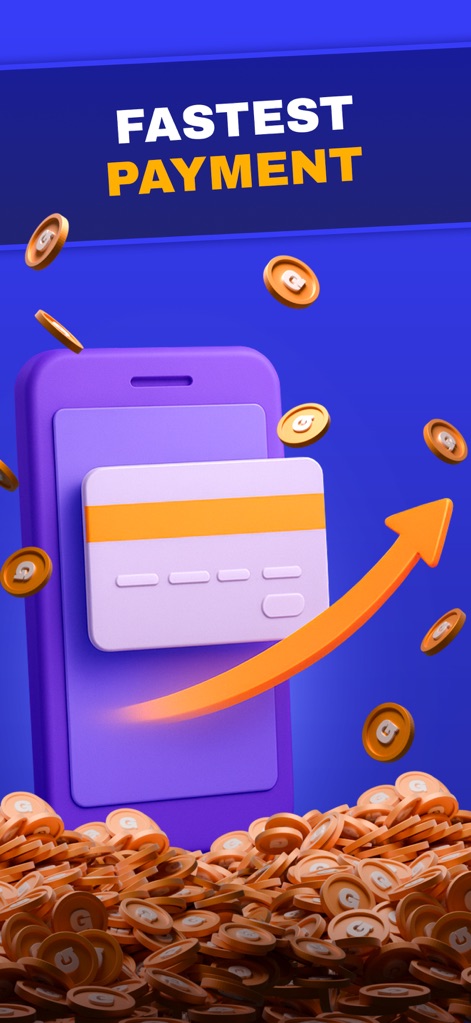 RealPrize Casino - The app facilitates 'Fastest Payment' processing, depicted by the smartphone and credit card, ensuring quick and efficient redemption of earned rewards with an upward arrow.