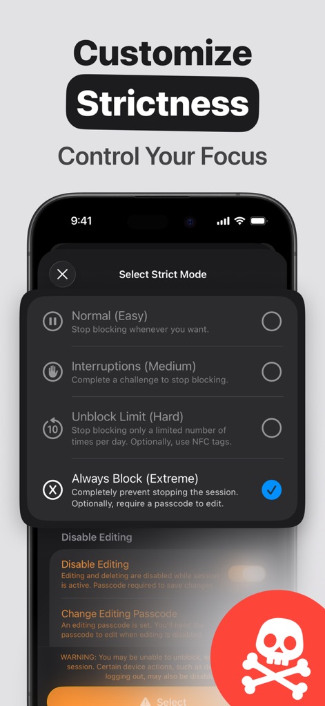 Refocus: Block Apps & Websites - A tela detalha as opções de "Strict Mode", permitindo aos usuários escolher entre níveis de bloqueio como "Unblock Limit" e "Always Block", além de gerenciar a edição das configurações com um código de acesso.