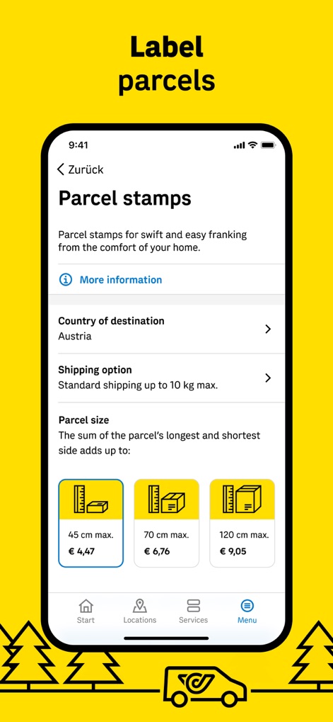 Post - Parcel Tracking App - The app facilitates quick parcel preparation, showcasing clear "Parcel size" options with corresponding prices and a selectable "Country of destination."