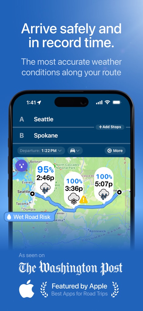 Weather on the Way - This view reveals precise weather forecasts at specific points along the route, alongside critical "Wet Road Risk" indicators for safe travel planning.