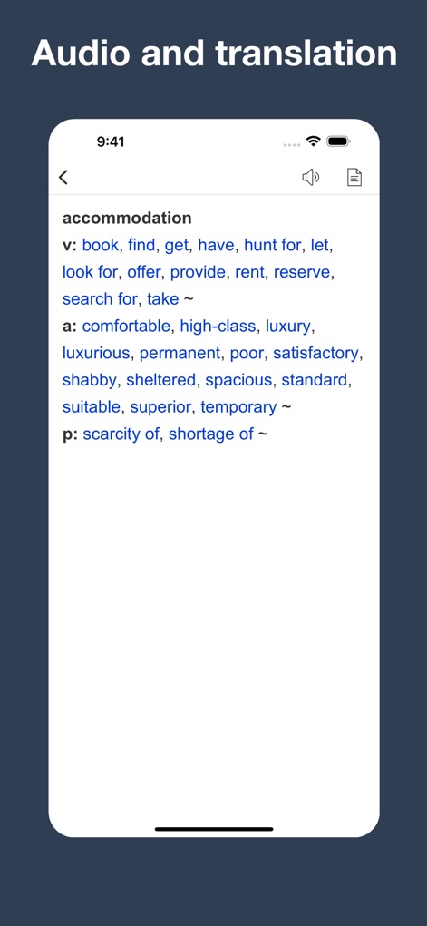 English Collocation Sentence - Les utilisateurs bénéficient de la prononciation audio pour chaque collocation et peuvent traduire les termes, facilitant ainsi une compréhension et une mémorisation approfondies.