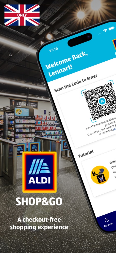 ALDI SHOP&GO - Discover how the app streamlines access with a personalized welcome message and a scannable QR code for quick entry to the store.