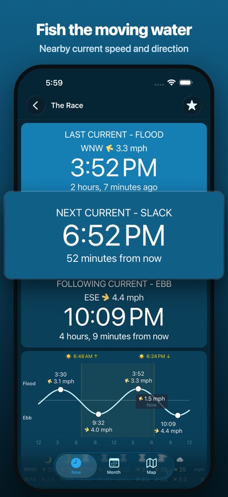Tides Near Me App Store screenshot 5, headline “Fish the moving water”. Playful tone.