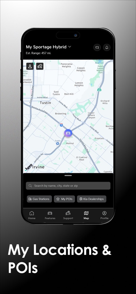 Kia Access - The app provides comprehensive location services, displaying an interactive map interface and quick access to 'Gas Stations' and other points of interest.