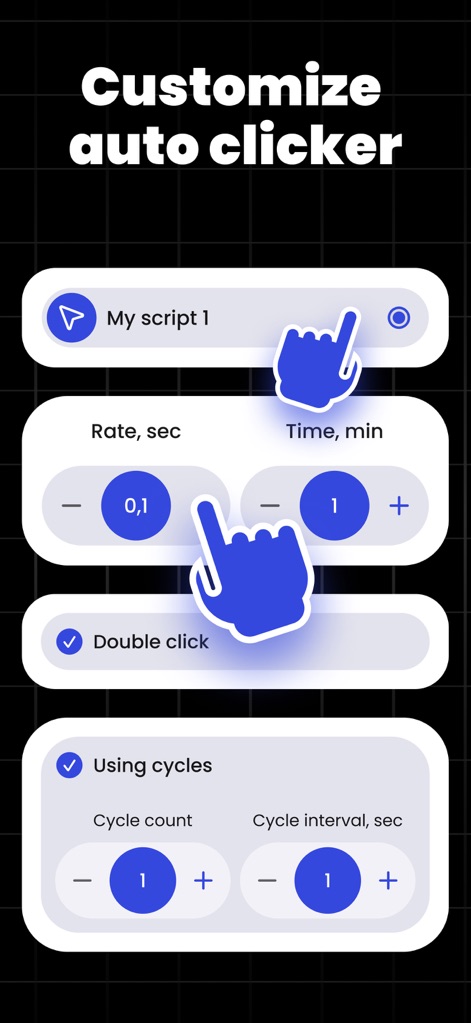 Auto Clicker Automatic Click - Questo screenshot svela le opzioni di personalizzazione avanzate, permettendo agli utenti di definire la frequenza dei click tramite 'Rate, sec' e attivare la funzione 'Double click' per adattare l'automazione a ogni esigenza.