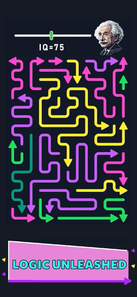 Arrowscapes™ - Arrows Puzzle - The app presents a dynamic game board filled with multi-colored arrow pathways and an integrated "IQ" score tracker featuring a classic intellectual figure.