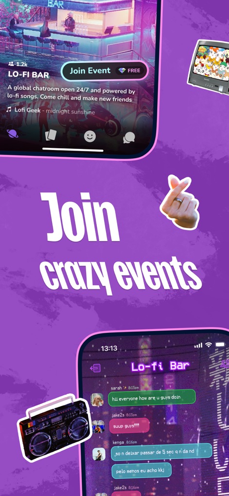 purp - Make new friends - Explore the app's interactive event feature, allowing users to join themed chatrooms like the 'LO-FI BAR' and participate in live group discussions.