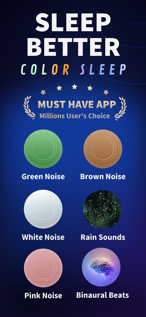 ColorSleep: Green, Brown Noise - La aplicación presenta una interfaz principal que destaca la selección entre seis tipos de sonido, incluyendo el distintivo "Ruido Verde" y "Ruido Marrón", ofreciendo a los usuarios una elección diversa para su bienestar.
