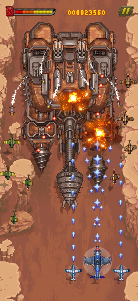 1945 Air Force: Airplane Games - Confront a uniquely designed mechanical drilling boss in a rocky canyon, dodging its projectile attacks and collecting power-ups to enhance firepower.