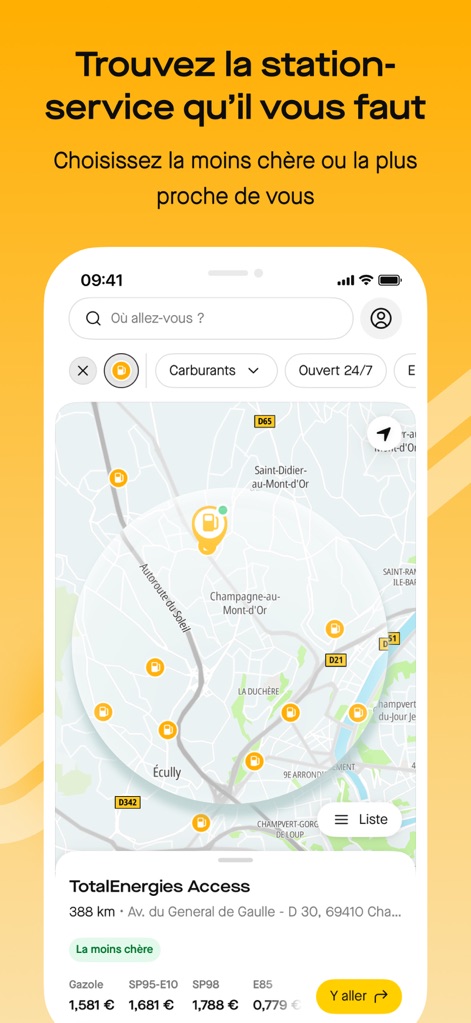 Roole Map : Borne & Navigation - Efficiently locate fuel stations with a detailed list of available fuel types and their prices, enhanced by a convenient 'Ouvert 24/7' filter.