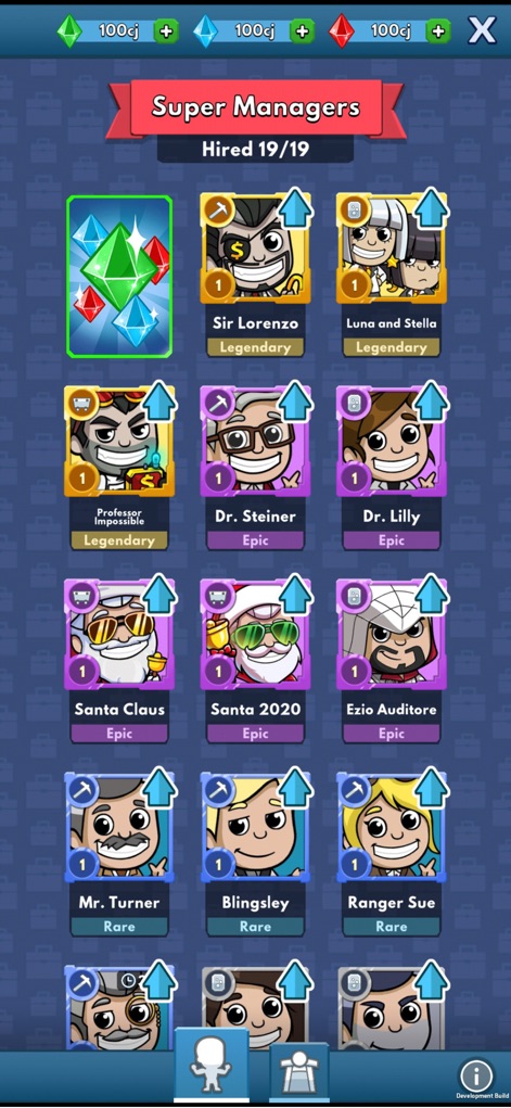 Idle Miner Tycoon: Gold digger - A galeria apresenta uma variedade de Super Gerentes, incluindo lendários como "Sir Lorenzo" e épicos como "Santa Claus", cada um com suas raridades e habilidades únicas.