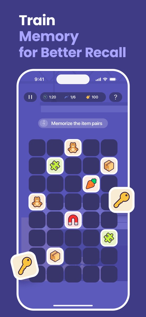 BrainGain - Brain Training - Strengthen mnemonic abilities with classic memory challenges, where users match item pairs across a grid and track their progress.