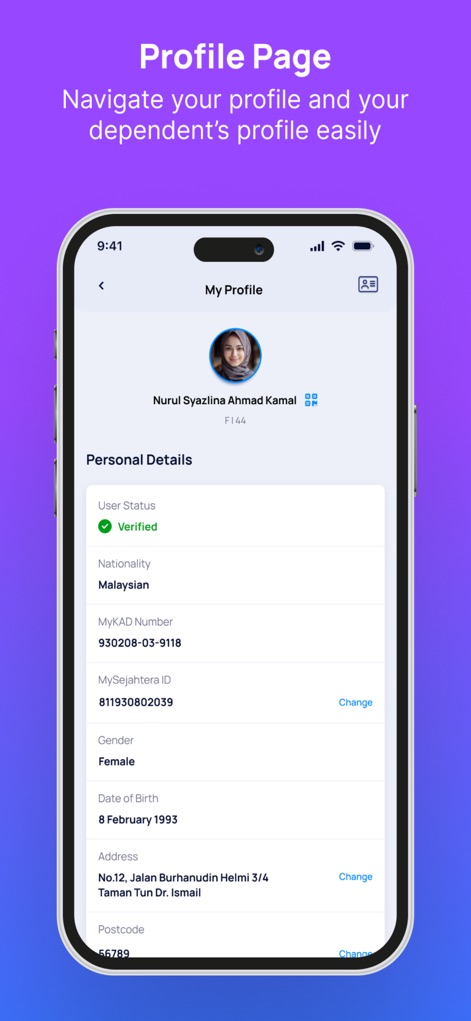 MySejahtera - View and manage personal details, including user verification status and MyKad number, all within a dedicated profile page.