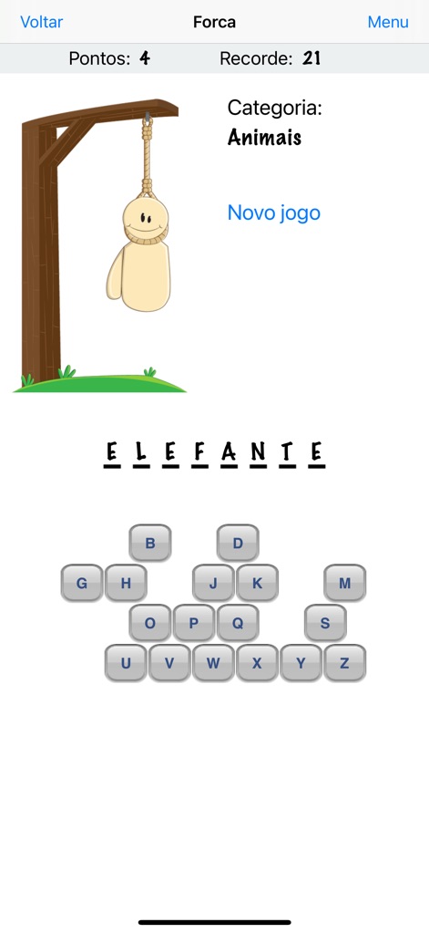 Forca - O melhor jogo da forca - Witness a successful round as the full word 'ELEFANTE' is correctly guessed and the 'Novo jogo' option prompts for a new challenge.