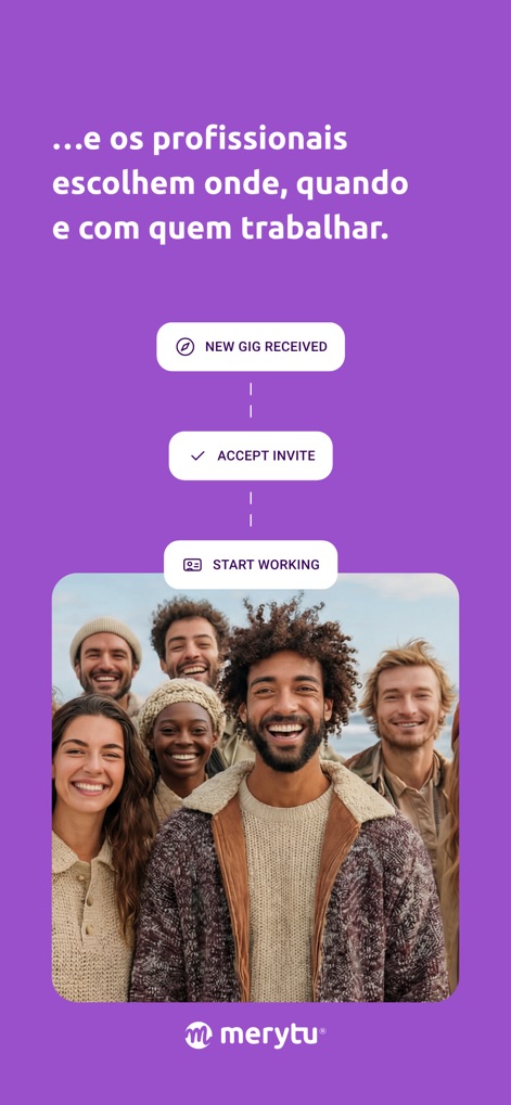 merytu - 新しいギグの受信から承諾、そして仕事の開始までのシンプルなワークフローと、多様なプロフェッショナルが働く機会を得る様子を紹介しています。