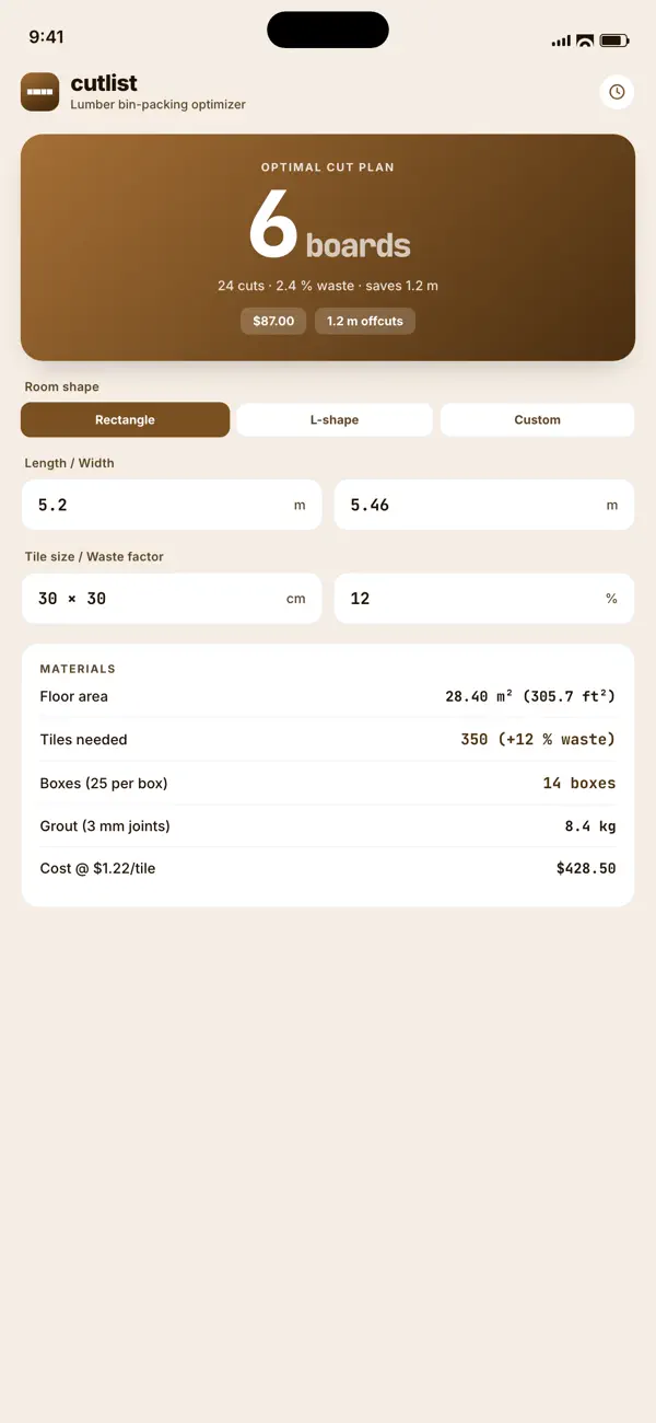 Screenshot #1 pour CutList: Lumber Optimizer