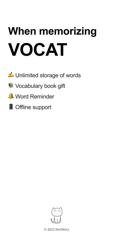 VoCat - My Own Vocabulary - Diese Einführung stellt die Kernmerkmale der App vor, wie die unbegrenzte Wortspeicherung und die Offline-Unterstützung, unterlegt mit dem charmanten Maskottchen Nero.