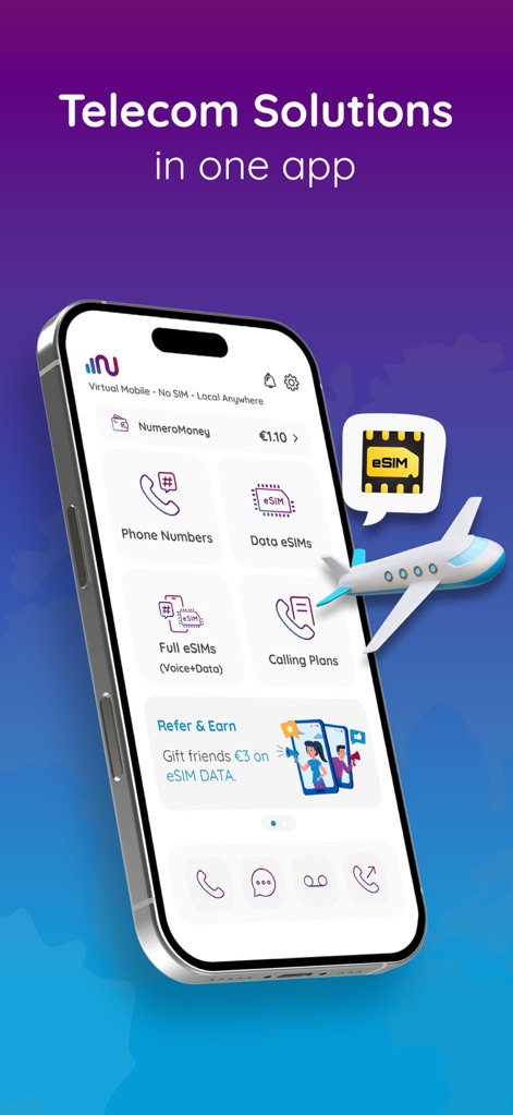 Numero: Data & Virtual Numbers - Die App präsentiert eine umfassende Übersicht ihrer Kernfunktionen, wie die Navigation zu verschiedenen Diensten und die Anzeige des aktuellen Guthabens in der oberen Leiste.