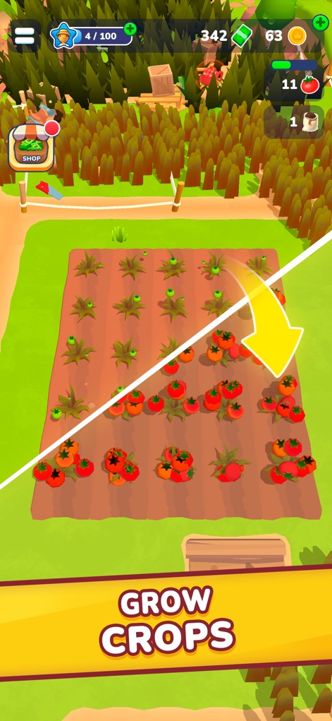 Little Farm Story: Idle Tycoon - La aplicación muestra la progresión de los cultivos, con un claro contraste visual del antes y después del crecimiento, y los usuarios pueden observar campos llenos de tomates coloridos y listos para la cosecha.