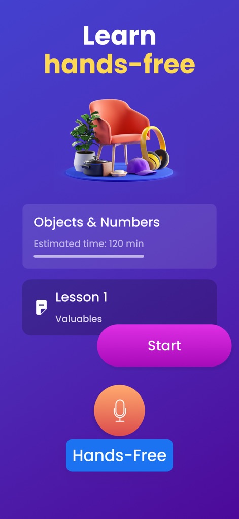 Mondly: Learn 41 Languages - This innovative feature enables convenient learning on the go, utilizing the microphone icon for voice input and clearly displaying lesson modules like "Objects & Numbers."