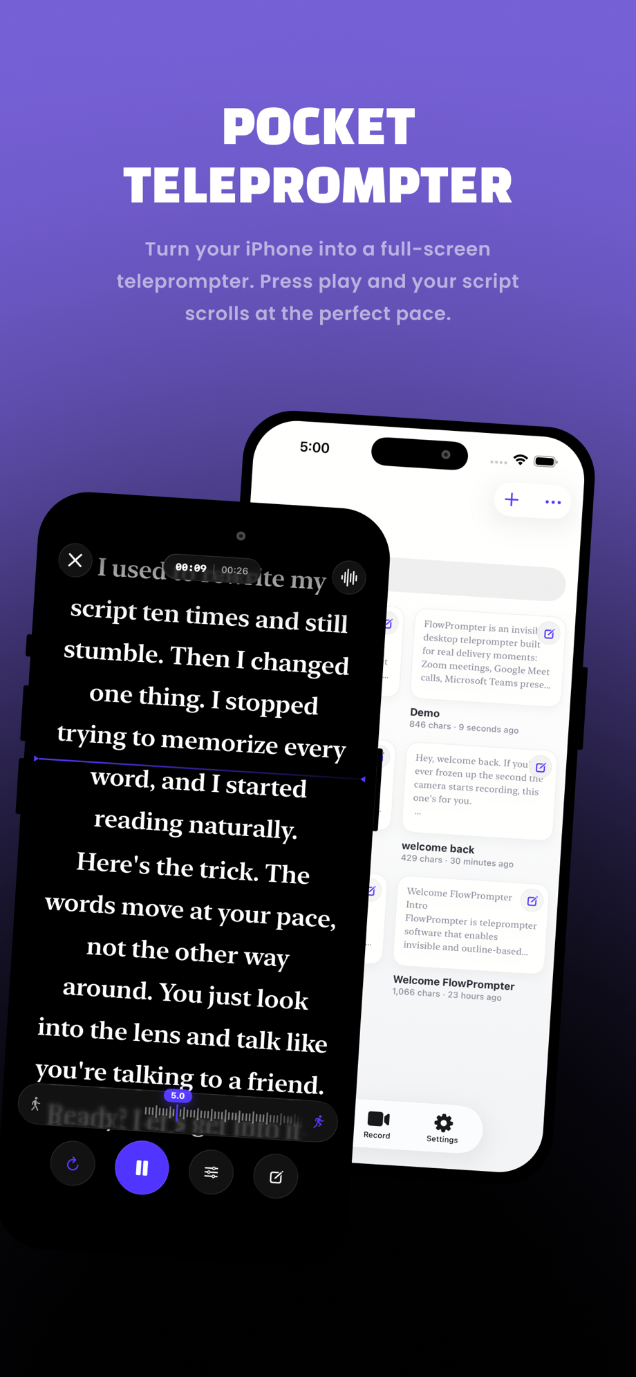FlowPrompter Pocket Teleprompter on iPhone showing the script library and full-screen prompting view