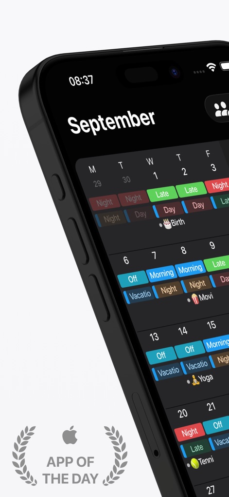 Supershift Shift Work Calendar - このアプリは、ユーザーがシフトスケジュールを直感的に管理できる月間カレンダー表示と、夜間の視認性を高めるダークモードを提供します。