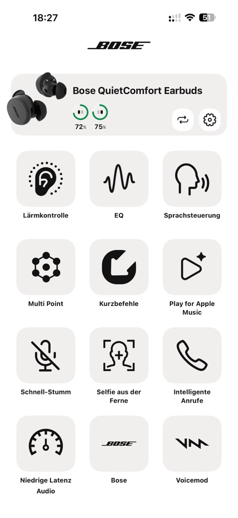 Bose QC Earbuds - Discover the intuitive main dashboard, featuring a clear battery life display and quick access icons for key settings like EQ and Noise Control.