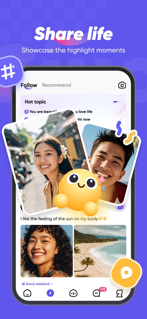 Siya - Make friends for real - Users can visually explore the "Share life" feed, featuring vibrant photo posts and engaging "Hot topics" from friends.