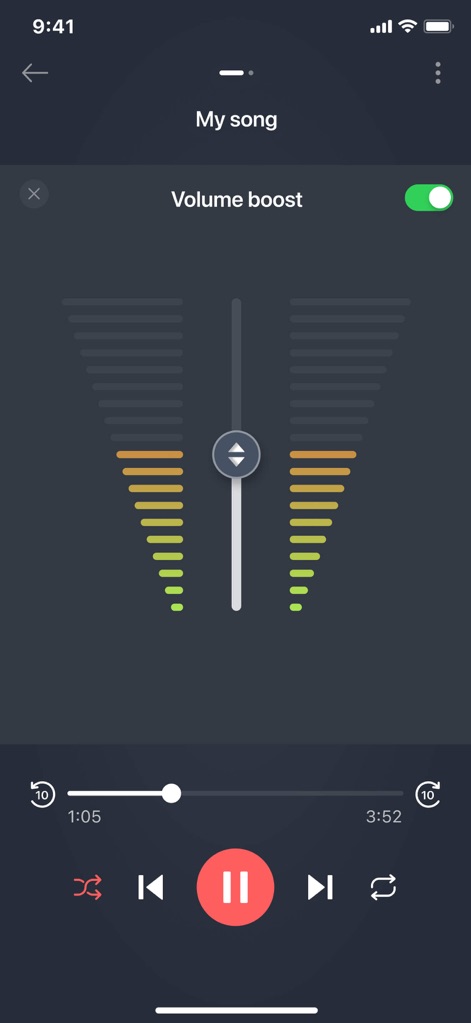 Mp3 Cutter - M4a, Music Cutter - This tool offers dynamic volume control with a responsive central slider and real-time visual indicators to amplify audio levels precisely.