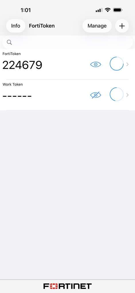 FortiToken Mobile - The app prominently displays active FortiToken codes, featuring both a visible OTP and a masked 'Work Token' with an eye icon to reveal.