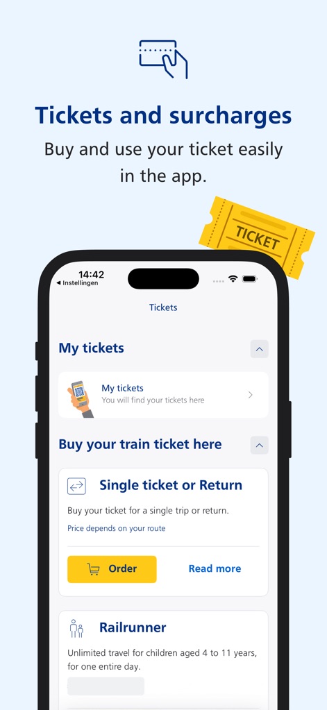 NS Travel Planner - The app provides a convenient "My tickets" overview and integrated options to "Buy your train ticket here", supporting single trips or return journeys.