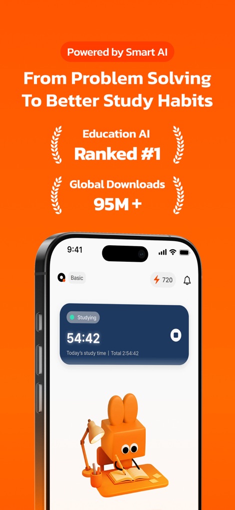 QANDA: AI Math & Study Helper - Users discover the app's industry recognition with the "Education AI Ranked #1" badge and can track their productivity using the integrated study timer displaying "54:42".