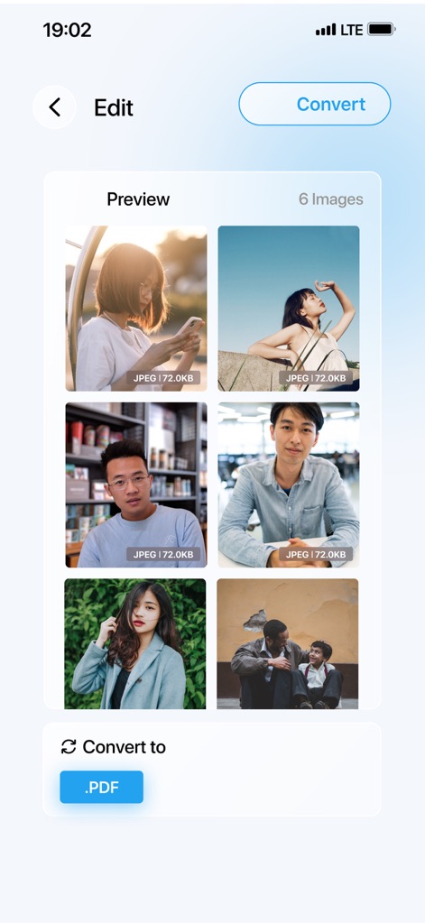 PDF Converter – Photos to PDF - Cet écran de prévisualisation affiche clairement les six images sélectionnées pour la conversion, permettant aux utilisateurs de vérifier leur contenu et leur taille de fichier avant de procéder à la transformation en PDF.