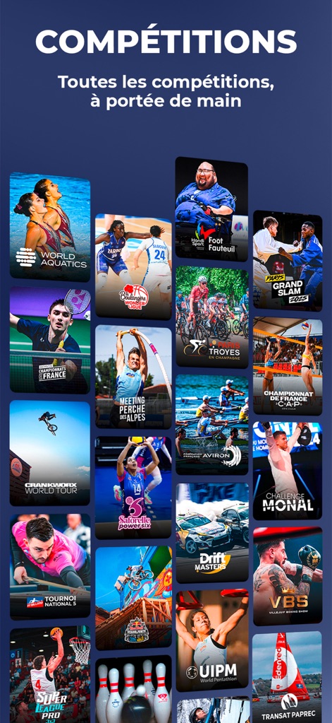 Sport en France - This screen provides a comprehensive visual directory of diverse sports competitions, showcasing a wide range of event thumbnails and covering disciplines from 'World Aquatics' to 'Judo Grand Slam'.