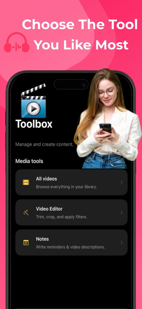 Tubidy Fm : Offline MP3 Player - This tool offers a versatile media toolbox, presenting options like the integrated "Video Editor" for creative tasks and "Notes" for managing video descriptions and reminders.