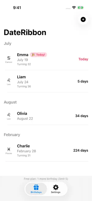DateRibbon: Birthday Reminder screenshot 1