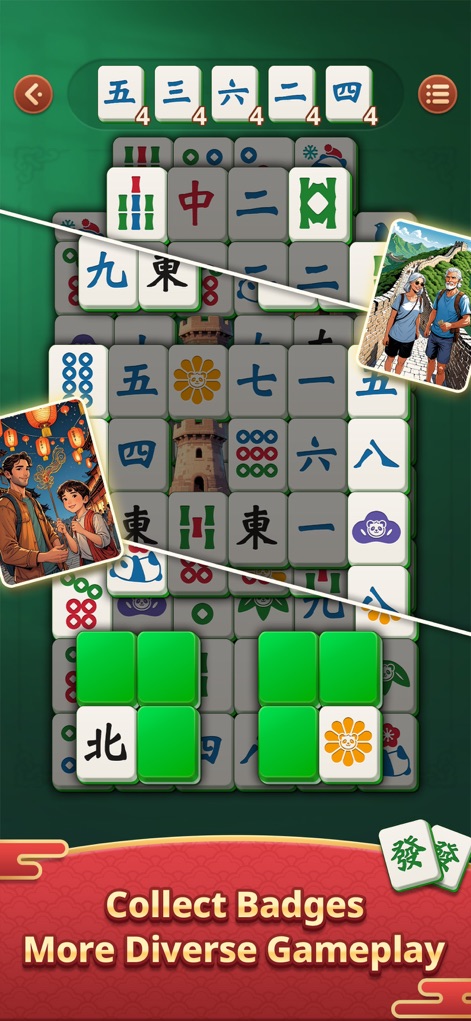 Mahjong Epic: Classic Game - Explore the 'More Diverse Gameplay' offered through unique illustrated scenic tiles and the exciting prospect of collecting badges.