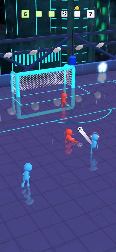 Super Goal: Fun Soccer Game - Vive des matchs électrisants dans une arène futuriste, caractérisée par des effets de lumière néon saisissants et des reflets dynamiques sur le sol qui ajoutent à l'immersion visuelle.