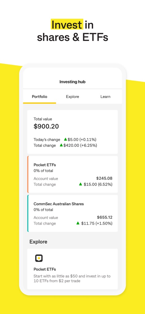 CommBank - This platform offers a dedicated investing hub, allowing users to track their total portfolio value and explore various investment options like Pocket ETFs and CommSec Australian Shares.