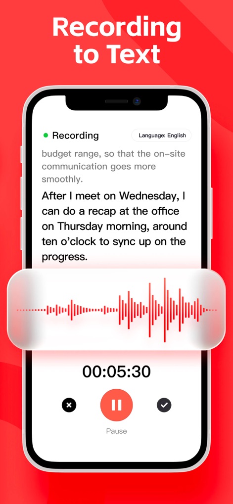 AI Voice Translate:Translator - A ferramenta converte gravações de áudio em texto preciso, exibindo uma gravação em andamento com o contador de tempo (00:05:30) e a transcrição textual correspondente.