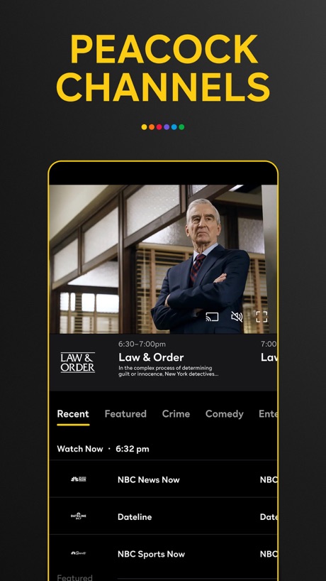 Peacock TV: Stream TV & Movies App Store screenshot 6, headline “PEACOCK CHANNELS”. Black, white or grey.
