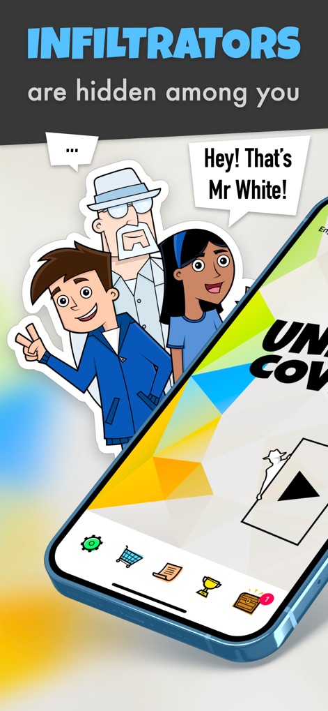 Undercover™: Word Party Game - Users are introduced to the core game mechanic with the bold "INFILTRATORS are hidden among you" text, while the phone's interface displays essential navigation icons for seamless interaction.
